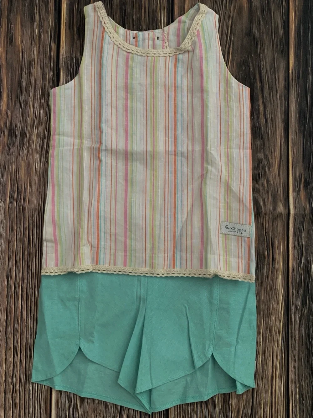 NWOT SweetHoney Striped Sleeveless Top & Aqua Scallop Shorts Set Size 10